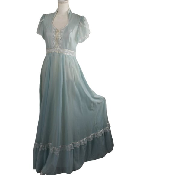 (EUC) Vintage Gunne Sax Jessica Icy Blue White & Lace Accent Prairie Maxi, SZ 13 - Picture 6 of 10